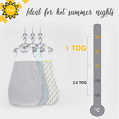 Saquito Bebe Dormir para Verano, TOG 1, Talla 90cm (12-18 meses) Algodon 100% Ecológico, Certificado OEKO TEX Sin Productos Químicos - Unisex, Ropa de Cama Bebe - Cierre de Seguridad, Gris Baby Stars