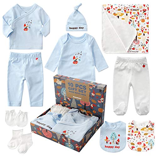 Sets de Regalos para Recién Nacidos Baby Ropa de Equipo Inicial de Regalo para Baño con 10 piezas para Niños Pequeños Niñas (Azul, Niño)