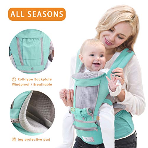 SONARIN 3 en 1 Multifuncional Hipseat Baby Carrier, Portador de bebé,Anverso y Reverso,100% Algodón,Ergonómica, Tamaño Libre,100% GARANTIZADO y ENTREGA GRATUITA, Ideal Regalo(Verde)