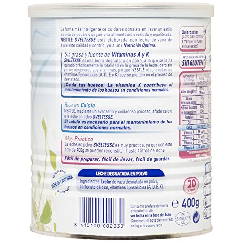 Sveltesse Leche desnatada en polvo - Paquete de 12 x 400 gr - Total: 4.8 kg