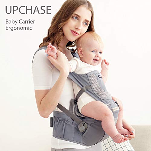 Upchase Mochilas Portabebés Ergonómica, 6 in 1 Multifuncional Ajustable, Multiposición Dorsal y Ventral, Algodón Puro Ligero y Transpirable, con Asiento de Cadera Desmontable, (0 a 36 Meses) Gris