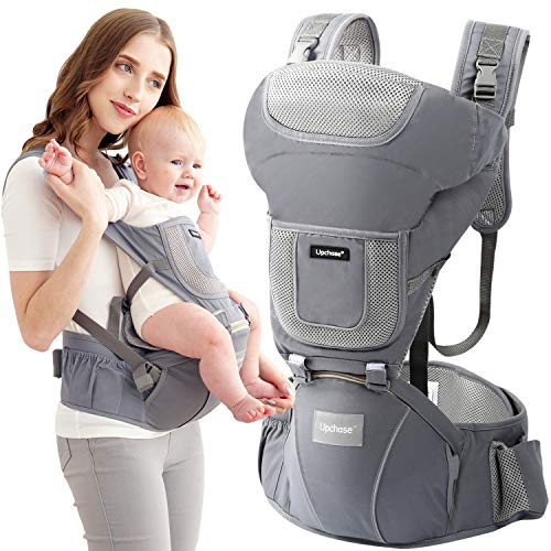 Upchase Mochilas Portabebés Ergonómica, 6 in 1 Multifuncional Ajustable, Multiposición Dorsal y Ventral, Algodón Puro Ligero y Transpirable, con Asiento de Cadera Desmontable, (0 a 36 Meses) Gris