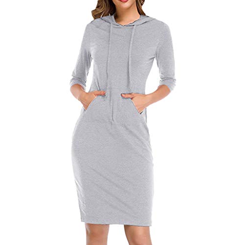 Vestido Sudadera Mujer Sudadera con Capucha Manga Larga Básico Delgado hasta la Rodilla con Bolsillo Slim Casual Pullover Hoodie Dress Yvelands(Gris 2,L)