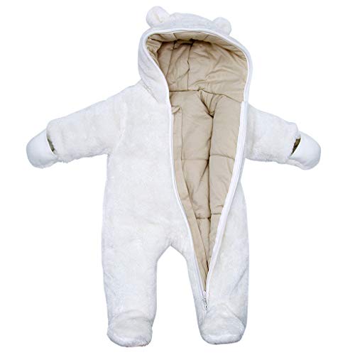 Vine Traje de Nieve Bebé Fleece Ropa de Invierno Footed Peleles Niños Niñas Cálido Mameluco con Capucha, Blanco 6-9 Meses