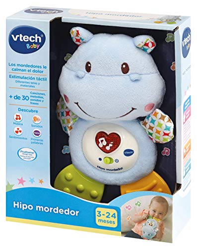 VTech- HIPO mordedor Hipopótamo de Peluche Musical y sonajero Que Ayuda a calmar y aliviar a tu Bebe con tiernas Frases, Canciones y melodías, Color Azul (3480-502522)