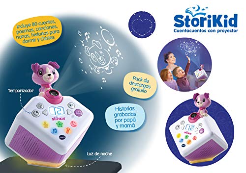 VTech - StoriKid, Cuentacuentos con proyector, escucha historias, poemas o canciones acompañadas de una proyección, graba tu propia historia, temporizador, luz de noche, color blanco/rosa (80-608067)