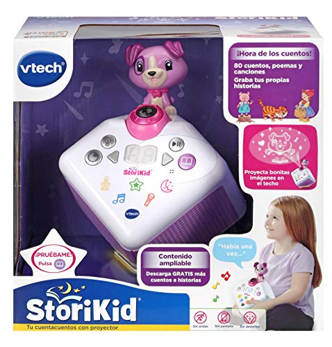 VTech - StoriKid, Cuentacuentos con proyector, escucha historias, poemas o canciones acompañadas de una proyección, graba tu propia historia, temporizador, luz de noche, color blanco/rosa (80-608067)