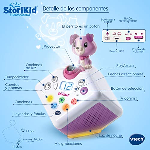 VTech - StoriKid, Cuentacuentos con proyector, escucha historias, poemas o canciones acompañadas de una proyección, graba tu propia historia, temporizador, luz de noche, color blanco/rosa (80-608067)