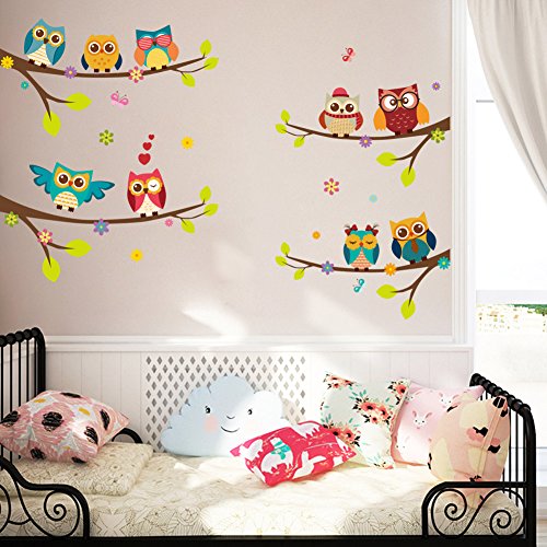 WandSticker4U– Adhesivo Pared 9 búhos sobre rama | Decoración Pared: 120x100 cm | Árbol Flores Pájaro Mariposas | Wall Stickers Ventana para pared de bebé habitación dormitorio infantil gran