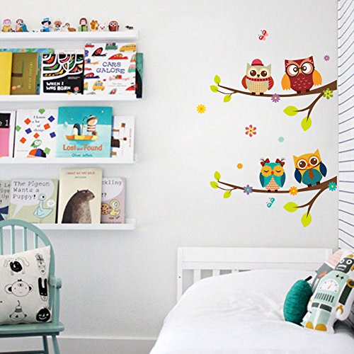 WandSticker4U– Adhesivo Pared 9 búhos sobre rama | Decoración Pared: 120x100 cm | Árbol Flores Pájaro Mariposas | Wall Stickers Ventana para pared de bebé habitación dormitorio infantil gran