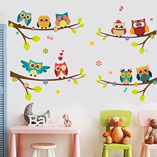 WandSticker4U– Adhesivo Pared 9 búhos sobre rama | Decoración Pared: 120x100 cm | Árbol Flores Pájaro Mariposas | Wall Stickers Ventana para pared de bebé habitación dormitorio infantil gran