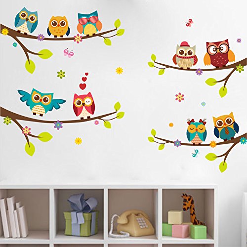 WandSticker4U– Adhesivo Pared 9 búhos sobre rama | Decoración Pared: 120x100 cm | Árbol Flores Pájaro Mariposas | Wall Stickers Ventana para pared de bebé habitación dormitorio infantil gran