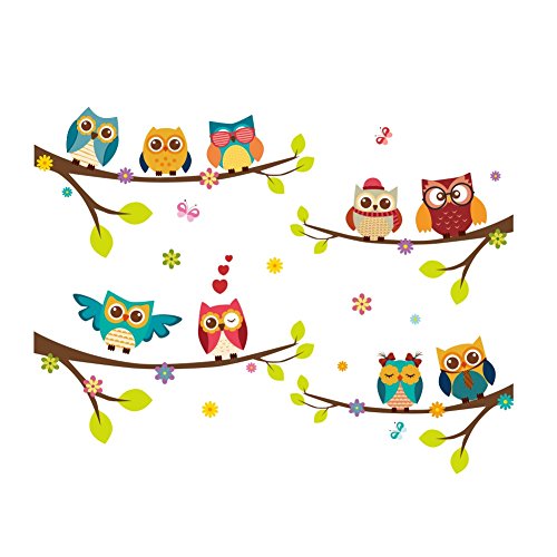 WandSticker4U– Adhesivo Pared 9 búhos sobre rama | Decoración Pared: 120x100 cm | Árbol Flores Pájaro Mariposas | Wall Stickers Ventana para pared de bebé habitación dormitorio infantil gran