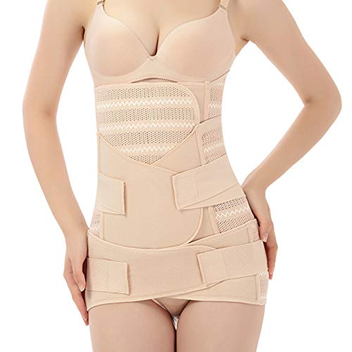 WANYIG Faja Postparto Reductora Mujer 3 en 1 Transpirable Elástico Recuperación Post-Parto Vientre/Cintura/Soporte Pélvico Cinturón Transpirable Elástico (Beige, M)