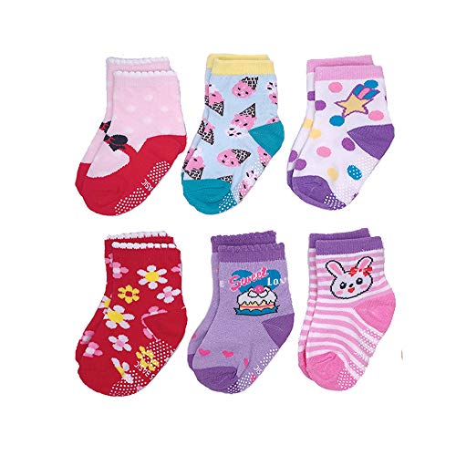 Yafane 12 Pares de Calcetines Antideslizantes para Niños Pequeños Algodón Lindo con Puños Calcetines Antideslizantes para Bebés (Niñas, 1-3 años)