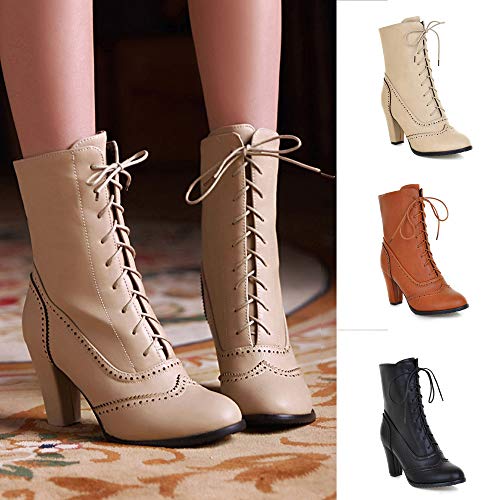 ZODOF Botas clásicas con Cordones de Cuero de Las Mujeres clásicas de la Bota de tacón Alto con Cordones Navidad Boots Botas Navidad Alto Top Planos para Mujer,Botas de Cuero Cortas