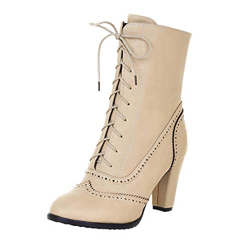 ZODOF Botas clásicas con Cordones de Cuero de Las Mujeres clásicas de la Bota de tacón Alto con Cordones Navidad Boots Botas Navidad Alto Top Planos para Mujer,Botas de Cuero Cortas