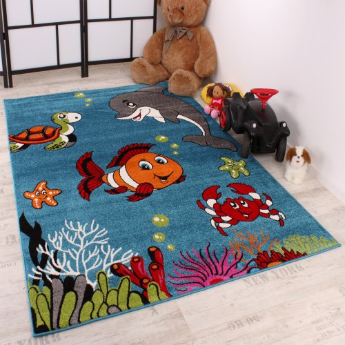 Alfombra Infantil - Diseño Acuático De Pez Payaso - Turquesa Verde Crema Rosa, tamaño:160x220 cm