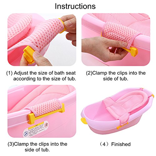 Asiento de baño para bebé Alfombrilla de apoyo para asiento de baño infantil, La bañera ajustable antideslizante de la fiesta de bienvenida al bebé se incorpora la malla para el recién nacido (Pink)