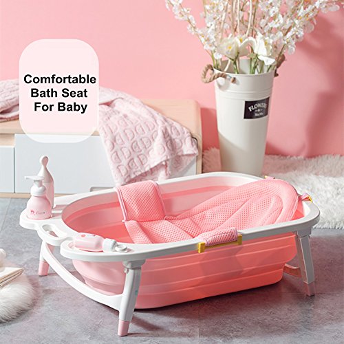 Asiento de baño para bebé Alfombrilla de apoyo para asiento de baño infantil, La bañera ajustable antideslizante de la fiesta de bienvenida al bebé se incorpora la malla para el recién nacido (Pink)