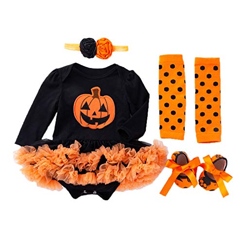 BabyPreg Disfraz Bebe Halloween Vestido Tutu Bebe Niñas 4Pieza (L / 9-12 Meses, Calabaza Larga)