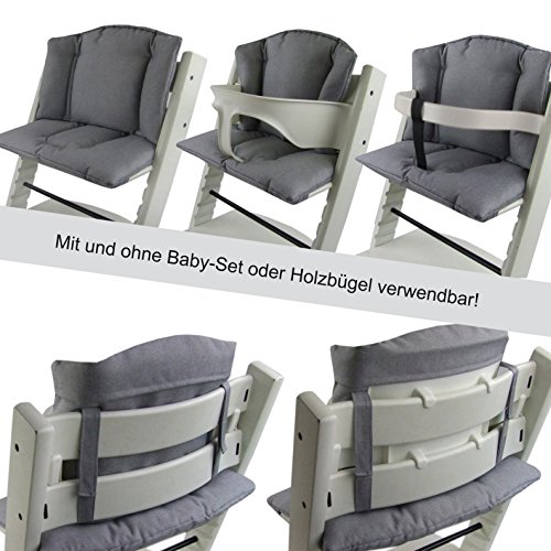 BambiniWelt Cojín de asiento para trona Stokke Tripp Trapp, en 14 colores, jaspeado, asiento de 2 piezas, funda, cojín de repuesto gris claro