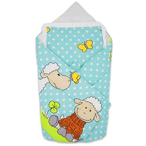 BlueberryShop manta de algodón para bebés con almohada | Saco de dormir para bebés recién nacidos | Regalo perfecto para Baby Shower | 78 x 78 cm | Azul Crema