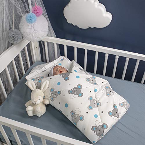 BlueberryShop manta de algodón para bebés con almohada | Saco de dormir para bebés recién nacidos | Regalo perfecto para Baby Shower | 78 x 78 cm | Blanco Ratón