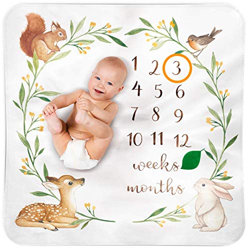 BUBZI CO Manta Bebé de Hitos Mensuales | Decoración manta fotografía bebé Bosque Colorido | 120 x 120 cm | Ideal regalos para mamas embarazadas y regalo baby shower | Neutro | Fondo fotográfico