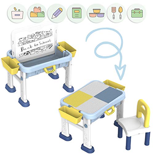 deAO Escritorio Didáctico Infantil Portátil Centro de Actividades 3en1 Mesita Multiusos para el Aprendizaje y Creatividad Infantil Incluye Silla, Pizarra Blanca y Panel para Juegos de Construcción