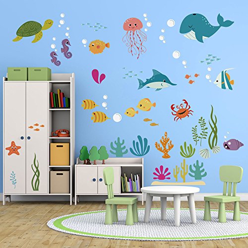 decalmile Bajo el Mar Pegatinas De Pared Delfín Pescado Vinilos Decorativos Habitación Infantiles Guardería Niños Bebés Dormitorios