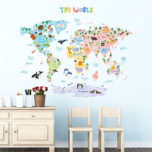 DECOWALL DLT-1615 Mapamundi Animales Vinilo Pegatinas Decorativas Adhesiva Pared Dormitorio Salón Guardería Habitación Infantiles Niños Bebés (Extra Grande) (English Ver.)