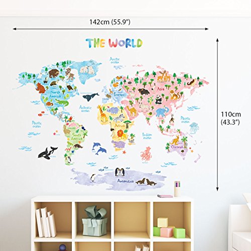 DECOWALL DLT-1615 Mapamundi Animales Vinilo Pegatinas Decorativas Adhesiva Pared Dormitorio Salón Guardería Habitación Infantiles Niños Bebés (Extra Grande) (English Ver.)