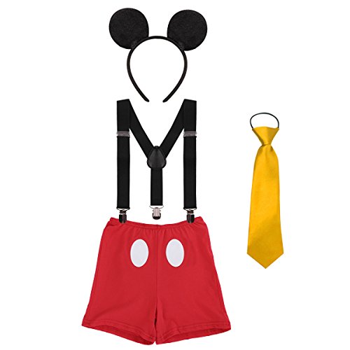 Disfraz de Mickey Infántil Bebé Niños Niñas Lindo Ratón 1er/2do/3er Cumpleaños Halloween Traje Algodón Calzoncillos+Tirantes+Corbata+Diadema de Oreja Fiestas Carnaval 001 Rojo 12-18 Meses