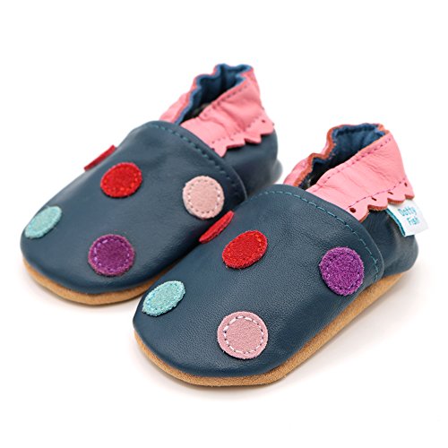 Dotty Fish Zapatos de Cuero Suave para bebés. Antideslizante. Lunares de Color Azul Marino. 18-24 Meses (23 EU)