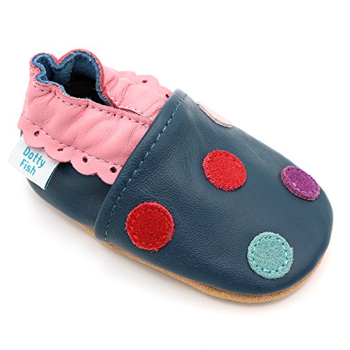 Dotty Fish Zapatos de Cuero Suave para bebés. Antideslizante. Lunares de Color Azul Marino. 18-24 Meses (23 EU)