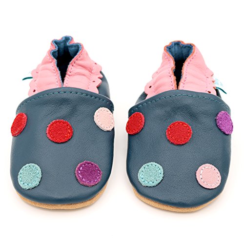 Dotty Fish Zapatos de Cuero Suave para bebés. Antideslizante. Lunares de Color Azul Marino. 18-24 Meses (23 EU)