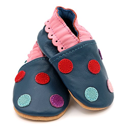 Dotty Fish Zapatos de Cuero Suave para bebés. Antideslizante. Lunares de Color Azul Marino. 18-24 Meses (23 EU)