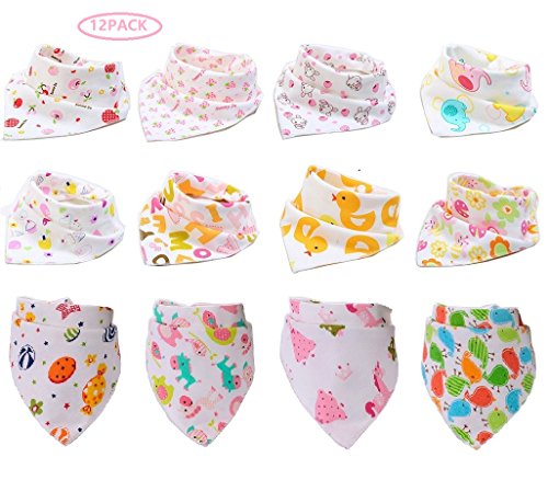 Fontee Baby Paquete de 12 bebé Bandana Baberos del pañuelo para Niñas Suave, cómodo, Lavable a máquina, muy absorbente Bandana baberos para dentición bebés, linda impreso bandana baberos (chicas)