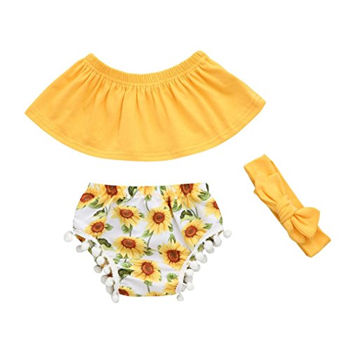 Fossen Bebe Ropa Verano - Girasol Tops y Encaje Pantalones Corto con Banda de Pelo (6-12 Meses, Amarillo 02)