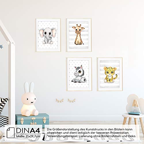 Frechdax® - Juego de 4 pósteres decorativos para habitación infantil, tamaño DIN A4, diseño de animales del bosque, África, Juego de 4 elefantes, jirafa, jaguar, cebra., DIN A4