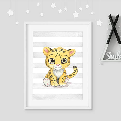 Frechdax® - Juego de 4 pósteres decorativos para habitación infantil, tamaño DIN A4, diseño de animales del bosque, África, Juego de 4 elefantes, jirafa, jaguar, cebra., DIN A4