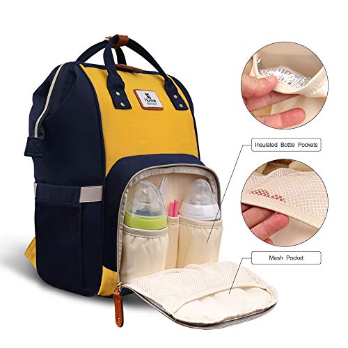 Hafmall Mochilas para Pañales de Viaje de Múltiples Funciones a Prueba de Agua Bolsos Cambiadores de Botella Bolsillos para El Cuidado del Bebé, Moda Macaron (Navy Blue-Yellow)