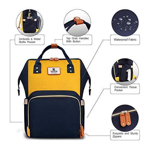 Hafmall Mochilas para Pañales de Viaje de Múltiples Funciones a Prueba de Agua Bolsos Cambiadores de Botella Bolsillos para El Cuidado del Bebé, Moda Macaron (Navy Blue-Yellow)