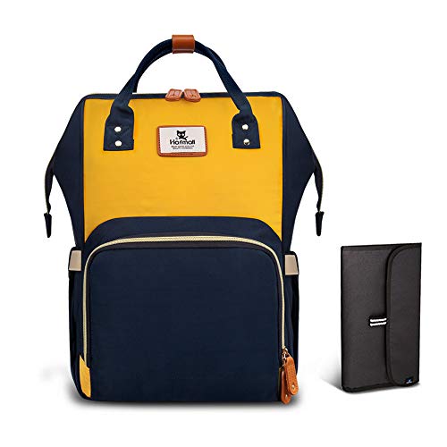 Hafmall Mochilas para Pañales de Viaje de Múltiples Funciones a Prueba de Agua Bolsos Cambiadores de Botella Bolsillos para El Cuidado del Bebé, Moda Macaron (Navy Blue-Yellow)