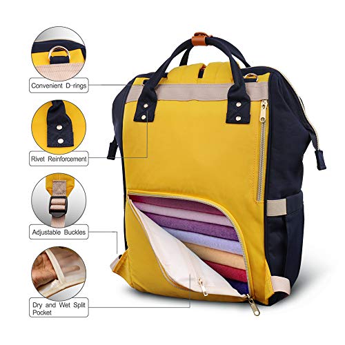 Hafmall Mochilas para Pañales de Viaje de Múltiples Funciones a Prueba de Agua Bolsos Cambiadores de Botella Bolsillos para El Cuidado del Bebé, Moda Macaron (Navy Blue-Yellow)