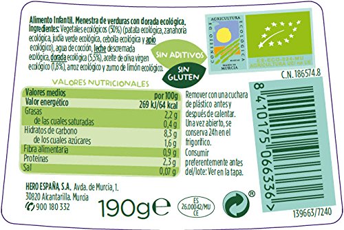 Hero Baby Solo Menestra de Verduras con Dorada Ecológica Tarritos de Puré para Bebés a partir de 8 meses Pack de 12 x 190 g