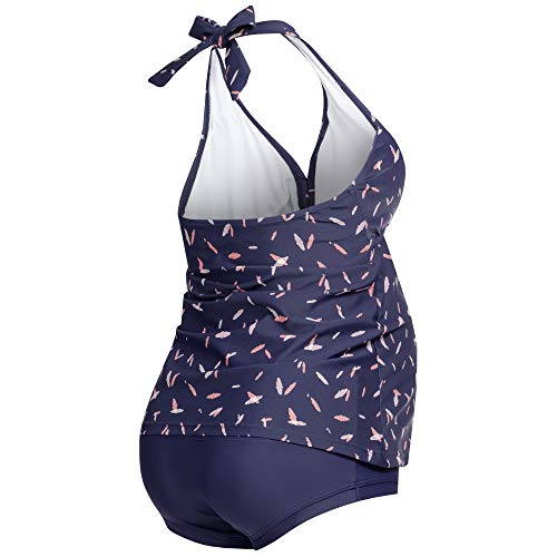 Herzmutter Neckholder - Tankini de Maternidad -Traje de baño de Dos Piezas para Mujeres Embarazadas - Overpants - Panty - Patrón de Rayas Liso - Oversize - PRojoección UV 50-7100 (XXL, Azul-Plumas)