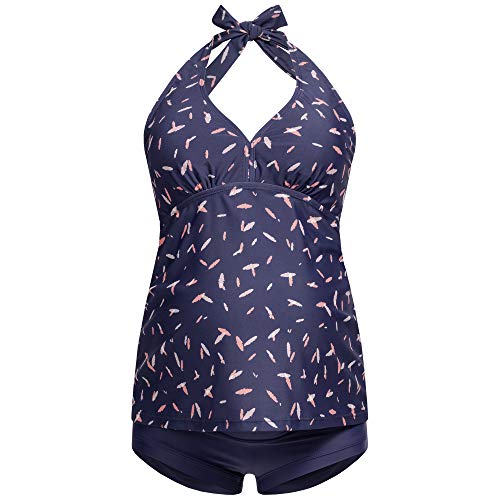 Herzmutter Neckholder - Tankini de Maternidad -Traje de baño de Dos Piezas para Mujeres Embarazadas - Overpants - Panty - Patrón de Rayas Liso - Oversize - PRojoección UV 50-7100 (XXL, Azul-Plumas)