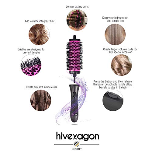 Hivexagon Cepillo de Pelo Redondo con cabezales desmontables Accesorios de estética, 6 cabezales 1 mango, pequeño (S), mediano (M) y grande (L) BT023